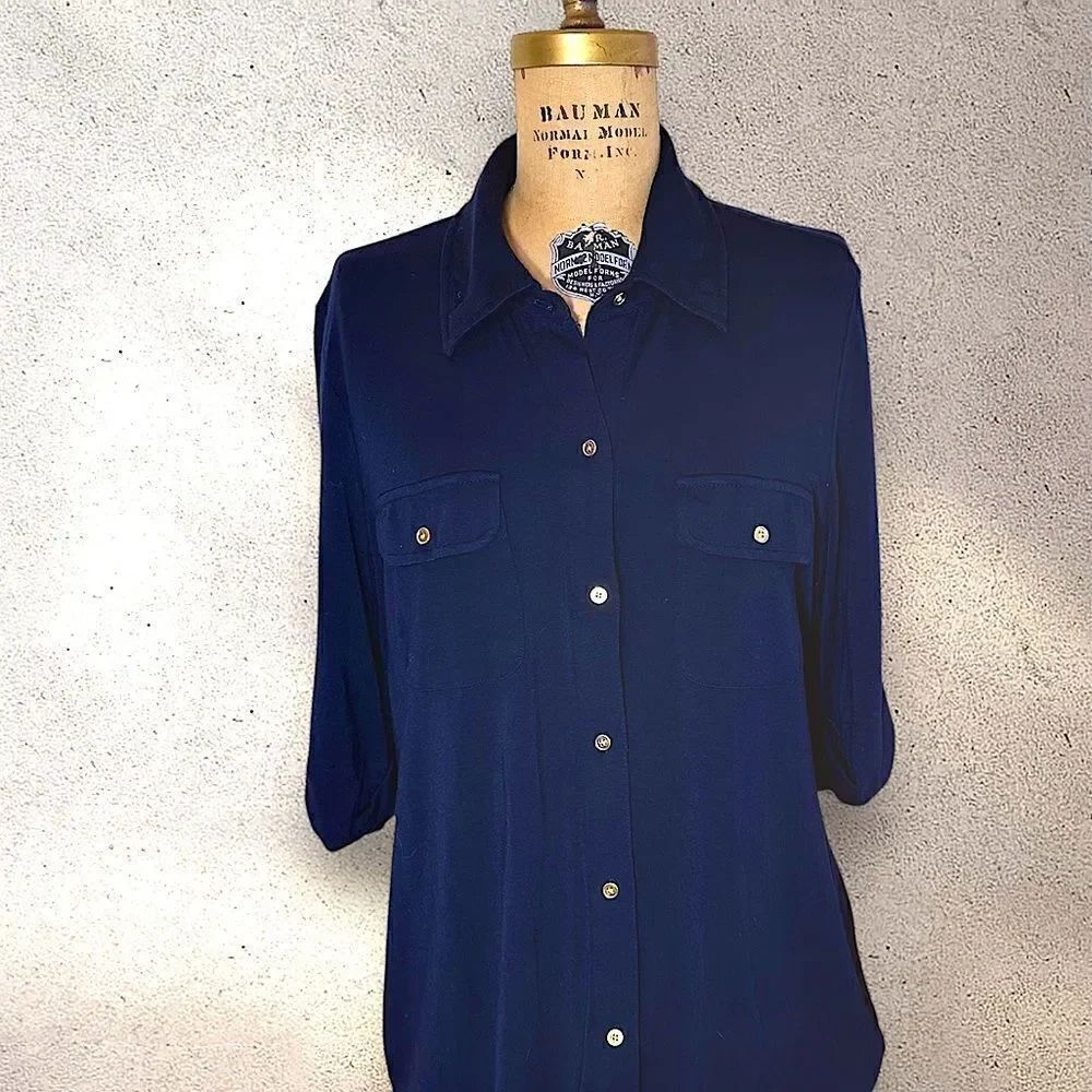 Charter Club Dark Navy Button-Up soft knit jersey short sleeve Shirt size Large
